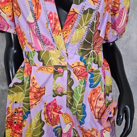 FARM Rio Lilac Beaks & Bananas Romper Puff Sleeve Belted M NWT - Picture 5 of 13